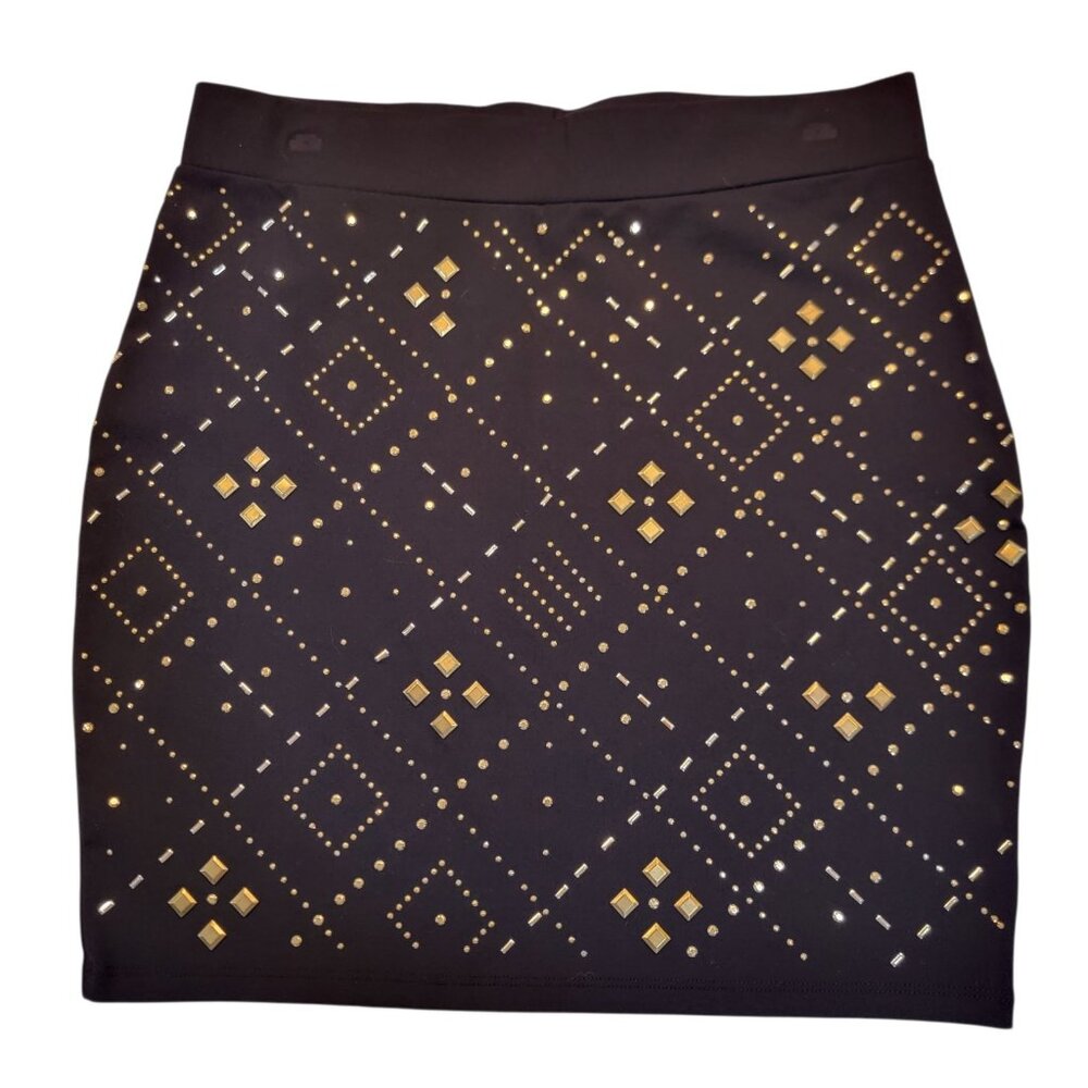 Bebe Black Bandage Skirt Sz L Embellished‎ Gold Studded Career Party Night Out